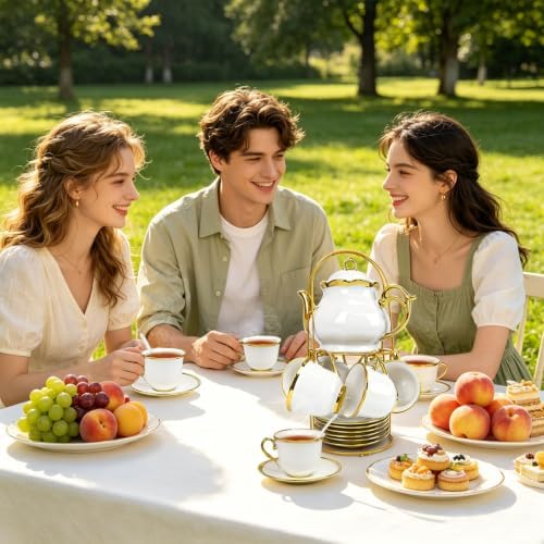 20 Pcs Porcelain Tea Set with Metal Holder, Adult Tea Set Gift, Large European Ceramic Tea Set for Adults, Flower Tea Cup Saucer Set for Party With Gold Trim(French White/1100ml) - Image 6