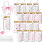 Mumufy 16 Sets Pink Bow Cute Glass Cups Bulk with Lids Straws, 16 Oz by Mumufy