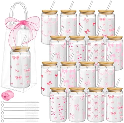 Mumufy 16 Sets Pink Bow Cute Glass Cups Bulk with Lids Straws, 16 Oz by Mumufy