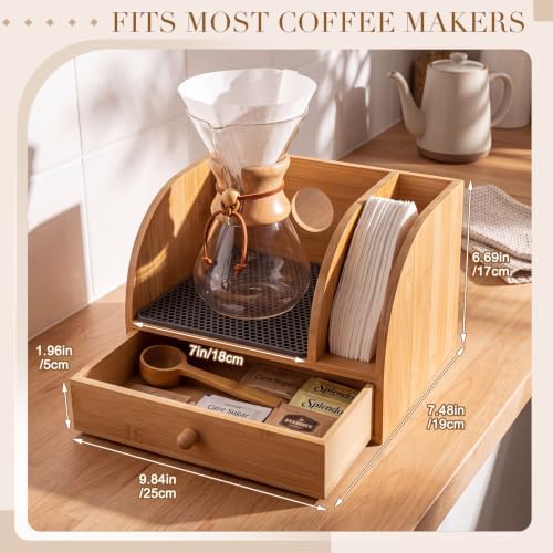 Geelin Bamboo Coffee Pour over Caddy, Wood Coffee Bar Station Organizer Stand with Drawer, Filter Holder and Heatproof Mat for Kitchen Counter Bar Home - Image 2