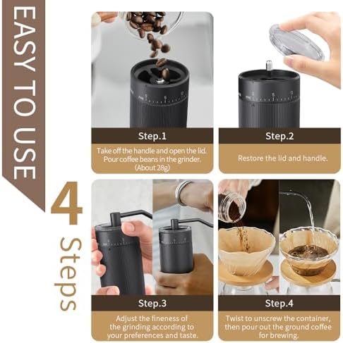 Hand Coffee Grinder Conical Burr for Espresso French Press Pour Over Double Bearing External Adjustment Capacity 25g (Stainless Steel Burr-Black) - Image 5