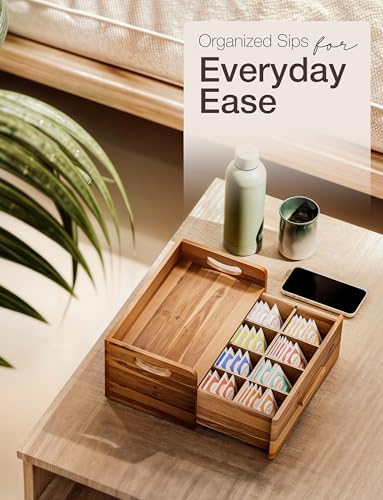 TINAMO Acacia Wooden Tea Box Organizer with Drawer for Tea & Coffee Storage - Image 5