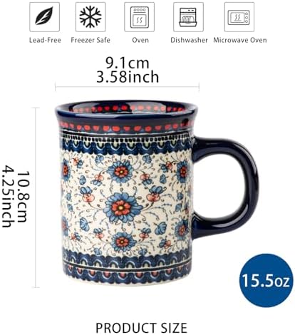 Ceramic Latte Mug Set of 4, 15.5oz Hand Painted Porcelain Coffee Cups With Handle for Tea/Milk/Cocoa - Modern Retro Design For Any Kitchen. Microwave and Dishwash Safe (Assorted Colors) - Image 2