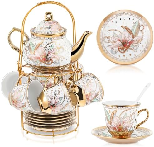 Zhehao 20 Pcs Porcelain Tea Set for Adult, with Metal Holder, Heritage by Zhehao
