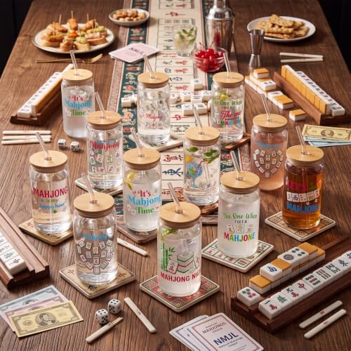 Teenyyou 12 Set of Mahjong Glass Cup with Bamboo Lid and Glass Straw 16oz Mahjong Glasses Jar Summer Drinking Cups Beer Iced Coffee Cup Tumbler Mugs for Women Men Birthday Party or Game Night Gifts - Image 6
