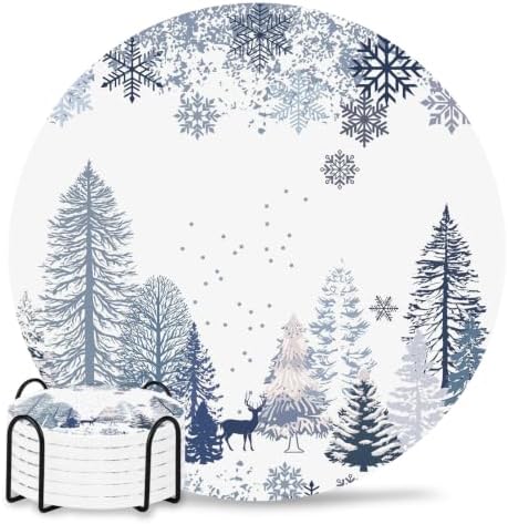 Winter Forest Coasters for Drinks, Sets of 6 with Holder Natural Pine Trees Snowflakes Deer Blue Absorbent Ceramic Coaster with Cork Base Decor for Wooden Table & Bar, Housewarming Gift Home Decor by TSRSUNFLOWER