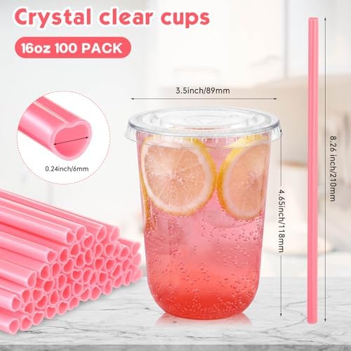 Ziliny 100 Sets 16 oz Clear Plastic Cups with Heart Shaped Straws and Lids - Image 3