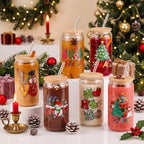 6 Pcs Christmas Glass Cups with Lids and Straws Snowman Christmas Tree Gnome Blessed Tumbler 16 oz Xmas Reusable Can Shaped Drinking Glasses Bulk for Winter Gifts Party Supplies - Image 7