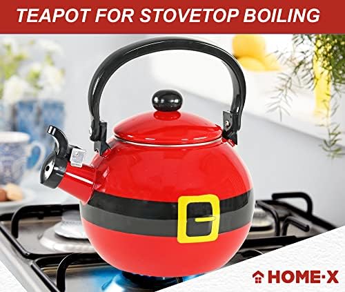 Home-X Santa Claus Whistling Tea Kettle - Porcelain Coated Stainless Steel Tea Kettle for Boiling Water - Cute Red Teapot for Stovetop - 2-Liter Capacity, 9"L x 7"W x 9"H Whistling Teapot - Image 6