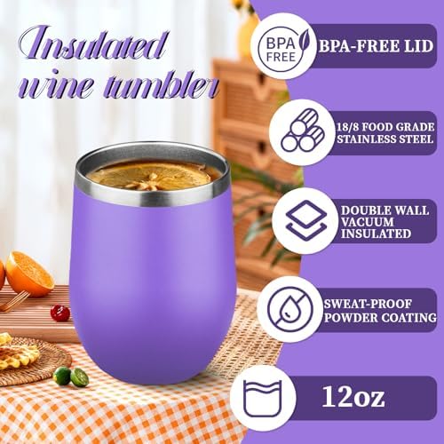 12oz Stemless Wine Tumbler with Lid Double Wall Insulated Wine Cup Stainless Steel Glasses Tumbler with Straw Insulated cocktail Tumbler Coffee Mug for Hot and Cold Beverages (Multicolor-11,6Pack) - Image 5