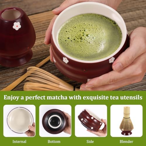 Matcha Tea Making Tool Set Elegant Matcha Whisk Set with Bowl Whisk Holder Scoop and Scoop Holder for Tea Lovers Present(dark red,5 pieces) - Image 3