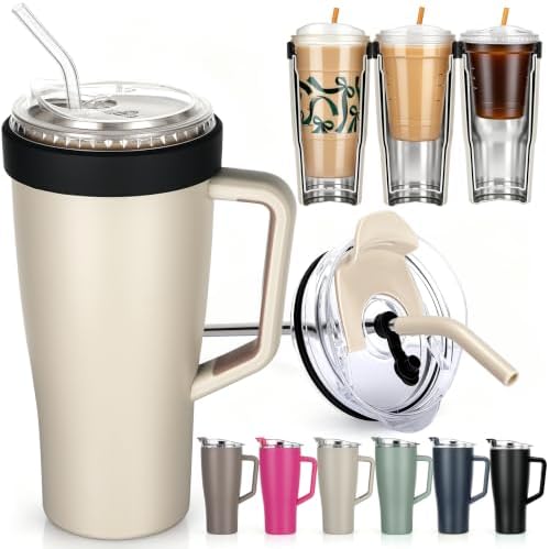 28 oz Iced Coffee Tumbler with Leak-Proof Lid – Stainless Steel Vacuum Insulated Travel Mug & Sleeve, Keeps Drinks Hot or Cold (Cream White) by Unknown