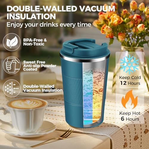Volhoply 13 oz Stainless Steel Insulated Travel Coffee Mug with Fip Lid Bulk 4 Pack,Reusable Double Wall Vacuum Metal Coffee Cup,Portable Leak Proof Thermal Tumbler for Hot & Cold Drinks(Bule,4) - Image 6