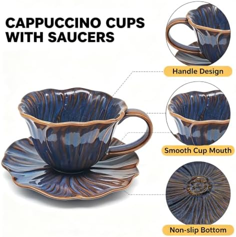 HVH Cappuccino Cups with Saucers Set of 4, 10 oz Reactive Glaze Ceramic Coffee Cup For Espresso, Latte, Cafe Mocha, Tea Cups and Saucer Set for Kitchen or Cafe, Corn Poppy Series (Reactive Darkblue) - Image 6
