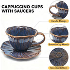 HVH Cappuccino Cups with Saucers Set of 4, 10 oz Reactive Glaze Ceramic Coffee Cup For Espresso, Latte, Cafe Mocha, Tea Cups and Saucer Set for Kitchen or Cafe, Corn Poppy Series (Reactive Darkblue) - Image 6