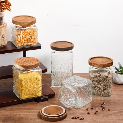 Gerrii Clear 5 Pcs Vintage Glass Food Storage Containers 17/24/34 oz Glass Jar with Lid Airtight Candy Food Canisters for Kitchen Counter Pantry Coffee Beans (Begonia,Sunflower,Window Grilles Square) - Image 6