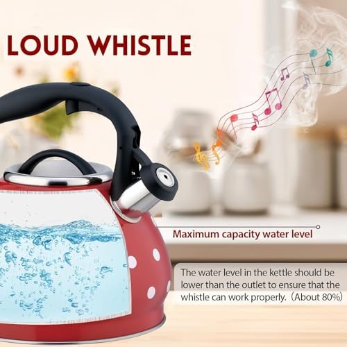 Whistling Tea Kettle, 3.2 Quart Polka Dot Stainless Steel Teapot For Stovetop, Cool Touch Ergonomic Handle, Black/white Teakettle, Perfect For Home & Kitchen Red 3.2 Quarts - Image 3