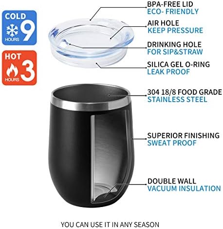 HASLE OUTFITTERS 12oz Wine Tumbler with Lid Stemless Wine Glasses Double Wall Vacuum Travel Mugs stainless steel Coffee Cup for Cold & Hot Drinks Wine Coffee Cocktails Beer 12 Pack Black - Image 5