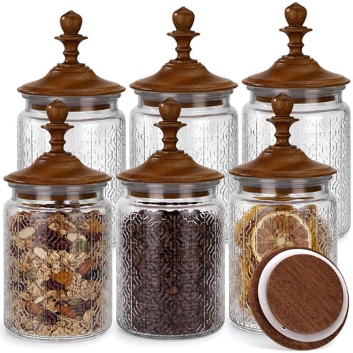Suclain 6 Pack 24 oz Glass Spice Jars with Dark Wood Lids Vintage Canisters with Flower Pattern Airtight Food Storage Container for Home Kitchen Tea Coffee Spice Pantry Organization Decorations by Suclain