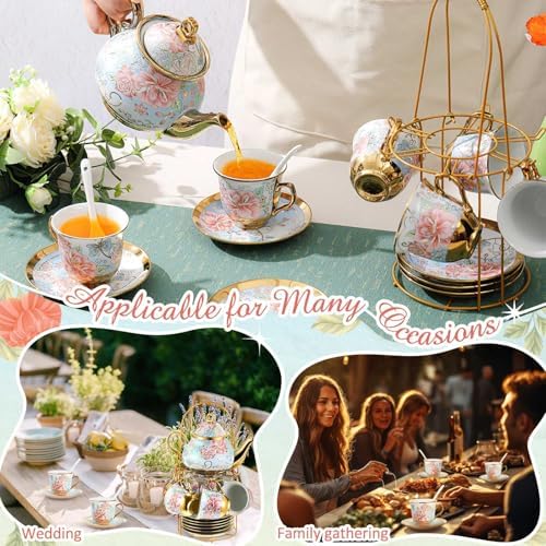Zhehao 20 Pcs Porcelain Tea Set for Adult, with Metal Holder, Vivid - Image 6