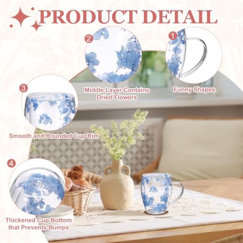 METALLIXITY Flowers Double Wall Glass Coffee Mugs 11.8oz Blue 2Pcs - Image 3