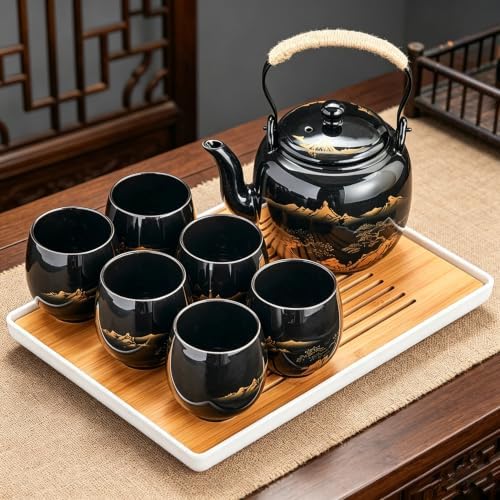Japanese Tea Set, Black Porcelain Tea Set with 1 Teapot Set, 6 Tea Cups, 1 Tea Tray, 1 Stainless Infuser, Beautiful Asian Tea Sets for Adults, Tea Lover/Women/Men (Black Landscape) by Tandarui