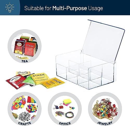 RoyalHouse Acrylic Tea Bag Holder Storage Organizer, 6 Compartment BPA Free Clear Plastic Tea Box with Lid, Multi-Purpose Storage Box for Office Supplies, Crafts, and Small Items (Pack of 3) - Image 5