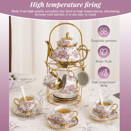 20 Pcs Porcelain Tea Set With Metal Holder,for 6 People,15 oz Teapot - Image 4