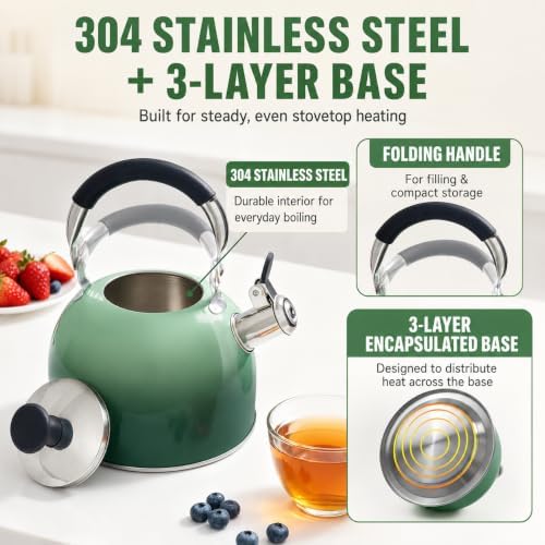 2.5 Qt Whistling Tea Kettle for Stovetop, Green - Image 4