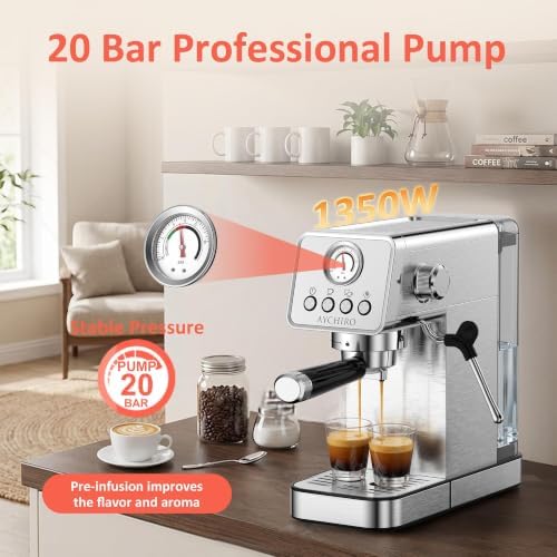 AYCHIRO 20 Bar Espresso Machine with Pressure Gauge, Compact Semi-Automatic Espresso Maker with Steam Wand, 1350W Fast Heating Coffee Machine with Removable 37oz Water Tank for Home Office - Image 2