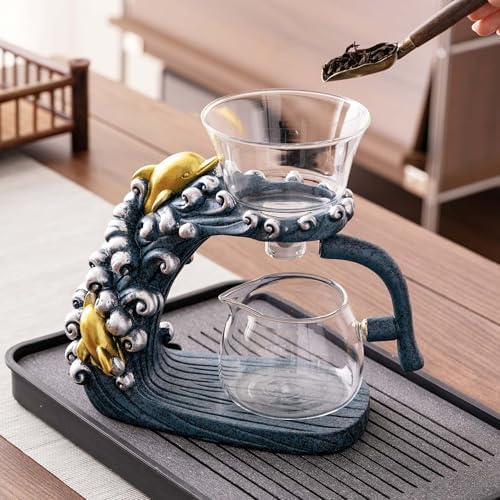 Zurucily Glass Teapot Set with Infuser Semi Automatic Tea Set Magic Teapot (Dolphins) - Image 2
