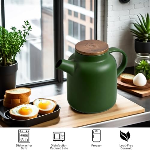 Yundu 1500ml / 50 oz Ceramic Teapot with Infuser & Wood Lid - Matte Green, Loose Leaf Tea Pot with Removable Strainer, Large Capacity - Image 5