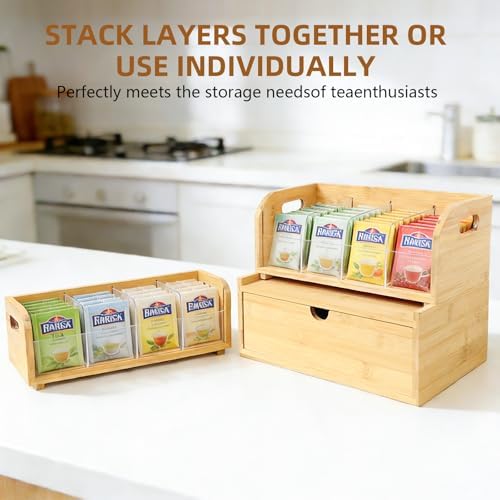 3-Layer Stackable Bamboo Tea Bag Organizer with Drawer, No-Tool Assembly Tea Organizers and Storage Holder for Countertop, Cabinet, Office, Kitchen, Pantry - Image 5