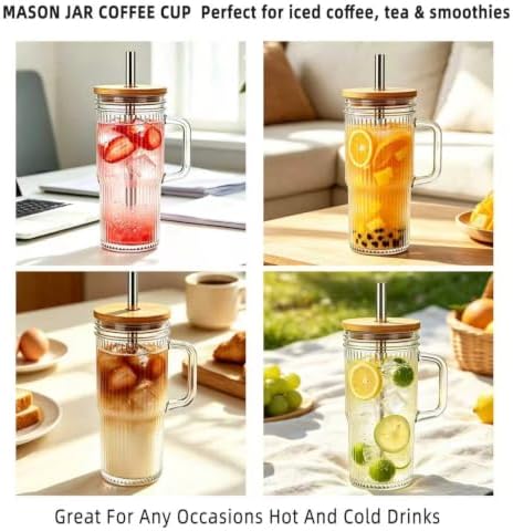24oz Ribbed Glass Tumbler With Handle,4Pack Glass Cup with Lids and Straws,Reusable Glass Iced Coffee Cups With lids,Mason Jar Cup&Drinking Glasses for Smoothie,Shake,Juice,Soda Water,Tea,Travel - Image 5