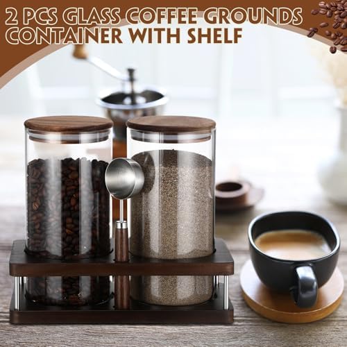 Suclain Glass Coffee Grounds Container with Shelf 2 x 44 oz Glass Coffee Bean Storage Canisters with Airtight Thread Lid and Measuring Spoon Food Storage Jars for Kitchen Sugar(Clear Style) - Image 5