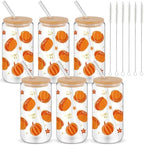 6 Pack Fall Orange Pumpkin Glass Cups with Lids and Straws 16oz by Yetene