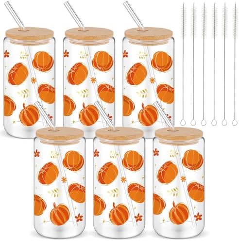 6 Pack Fall Orange Pumpkin Glass Cups with Lids and Straws 16oz by Yetene