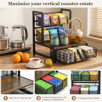3 Tier Coffee Station Organizer with Drawer and Hanging Baskets, Wood & Metal Large Capcity Coffee Bar Organizer for K Cups, Coffee Pods, Tea Bags, Sugar Packets, Countertop Storage Rack - Image 4