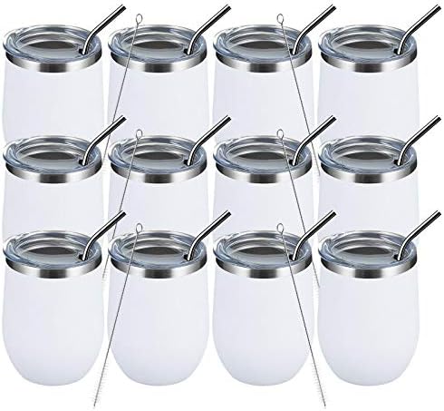 MEWAY 12 OZ/12 Pack Wine Tumbler Glasses with Lid -Double Wall Vacuum Stainless Steel Travel Tumbler Mug,Stemless Insulated Wine Cup for,Coffee,Cocktails,Gifts (White,Set of 12) by MEWAY