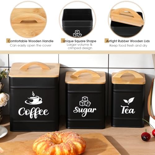 Maxdot 3 Set Coffee Tea Sugar Containers Kitchen Canisters, Black - Image 3