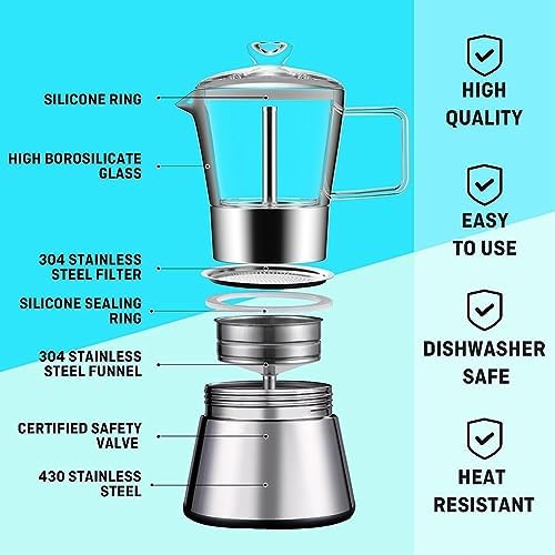 Moka Induction Stovetop Espresso Maker Italian Coffee Maker Glass-Top & Stainless Steel Espresso Moka Pot,Classic Italian Coffee Maker, 240Ml - Image 4