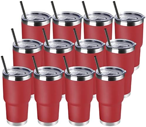 DOMICARE 30 oz Tumbler with Lid and Straw, Stainless Steel Tumblers Bulk, Insulated Vacuum Double Wall Travel Coffee Mug, Durable Powder Coated Tumbler Cups (Red, 12) by VisittheDOMICARE