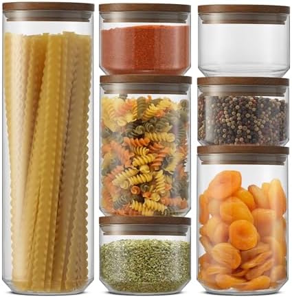 JoyJolt Holden 7-Piece Stackable Glass Storage Containers with Lids, Airtight Food Canister Set with Acacia Wood Lids, Round Stacking Pantry and Kitchen Containers for Pasta, Flour, Sugar, Coffee by JoyJolt