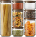 JoyJolt Holden 7-Piece Stackable Glass Storage Containers with Lids, Airtight Food Canister Set with Acacia Wood Lids, Round Stacking Pantry and Kitchen Containers for Pasta, Flour, Sugar, Coffee by JoyJolt