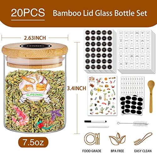 SLifeJars-Spice Jars with Label, 7.5 oz 20pcs Spice Containers Glass Jars with Bamboo Lids, Seasoning Containers Bottles,Airtight Empty Spice Jars for Spice Rack, Drawer,Cabinet,Pantry - Image 2