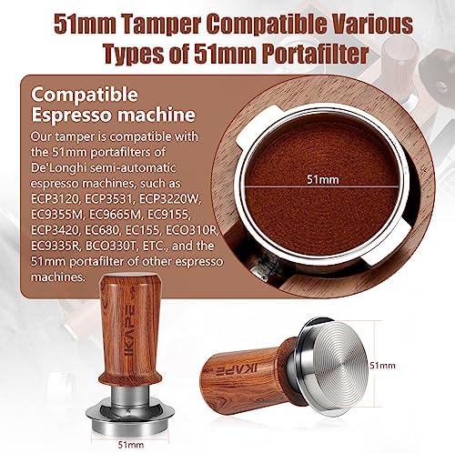 IKAPE 51mm Espresso Coffee Tamper, Spring-loaded Calibrated Tamper with Premium Stainless Steel, Walnut Wooden-Handle Tamper Compatible with All 51mm Espresso Machine Bottomless Portafilter - Image 4