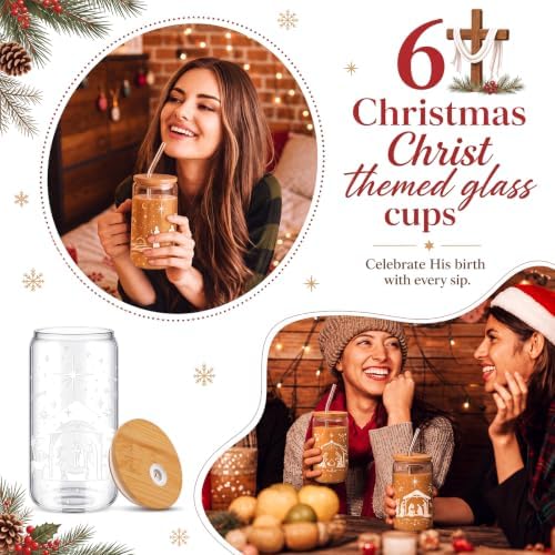 Fulmoon 6 Pcs 16 oz Nativity Scene Christmas Glass Cups with Lid and Straw - Image 4