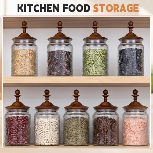Suclain 6 Pack 24 oz Glass Spice Jars with Dark Wood Lids Vintage Canisters with Begonia Pattern Airtight Food Storage Container for Home Kitchen Tea Coffee Spice Pantry Organization Decorations - Image 4