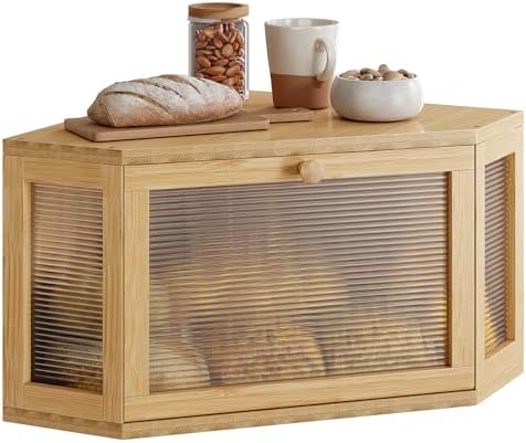 WOWLIVE Corner Bread Box, Bamboo Bread Storage with Acrylic Wavy Door by WOWLIVE