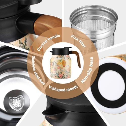 LemonRoad 2 Pcs 35 oz Vintage Floral Pattern Tea Pot with Infuser | Stainless Steel Insulated Tea Pot with Lid and Wooden Handle Thermal Carafe for Hot Drinks Coffee(Pink, Orange) - Image 3